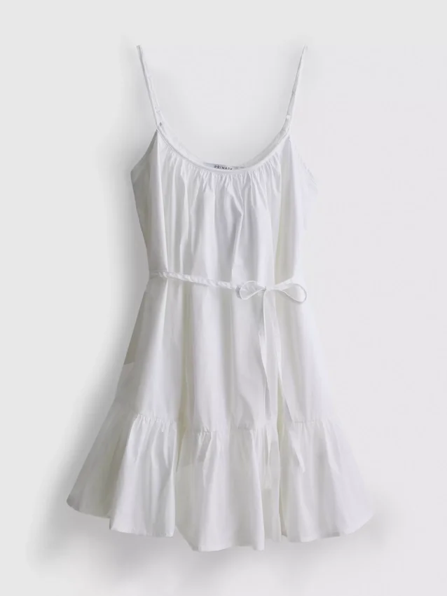 Mini vestido de popelín con volantes y tirantes