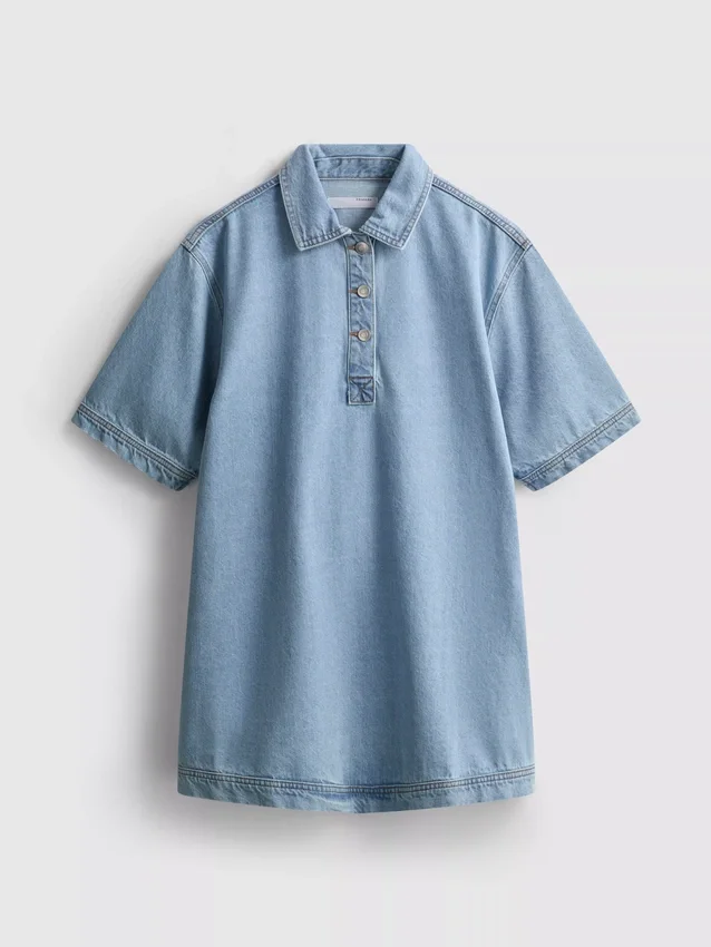 Mini vestido recto de mezclilla de algodón con cuello