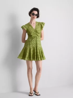 Minivestido de algodón con ojales y fruncidos