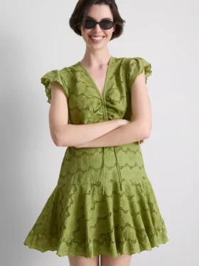 Minivestido de algodón con ojales y fruncidos