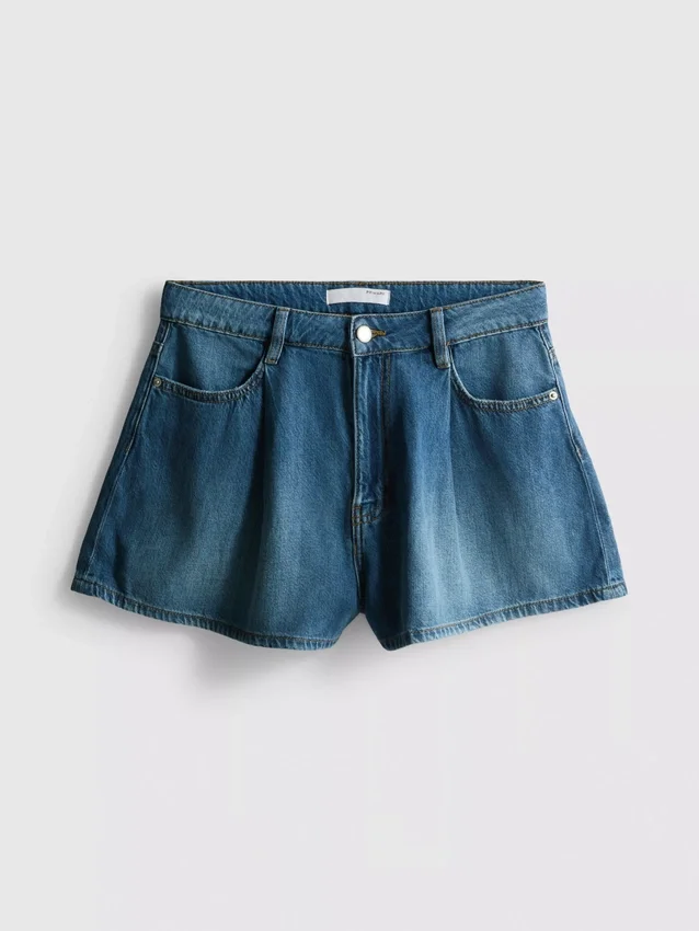 Pantalones cortos acampanados plisados de mezclilla con alto contenido de algodón
