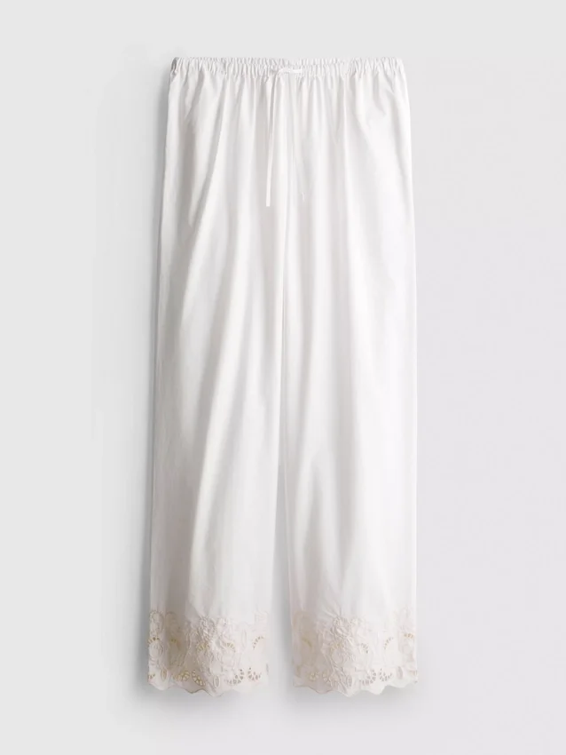 Pantalones de algodón de pierna ancha con bordados