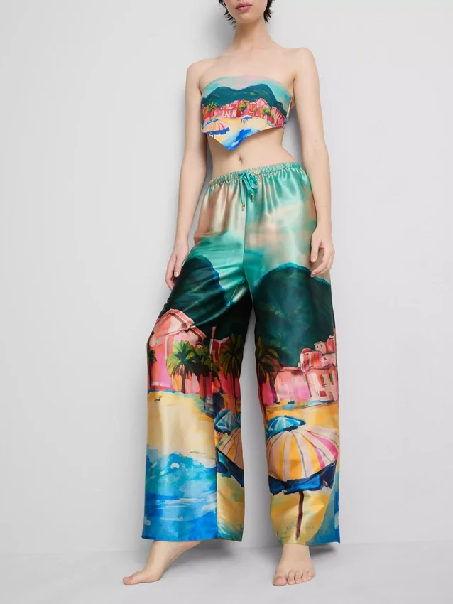 Pantalones de playa de satén con estampado panorámico