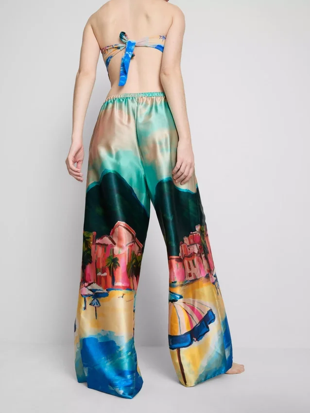Pantalones de playa de satén con estampado panorámico