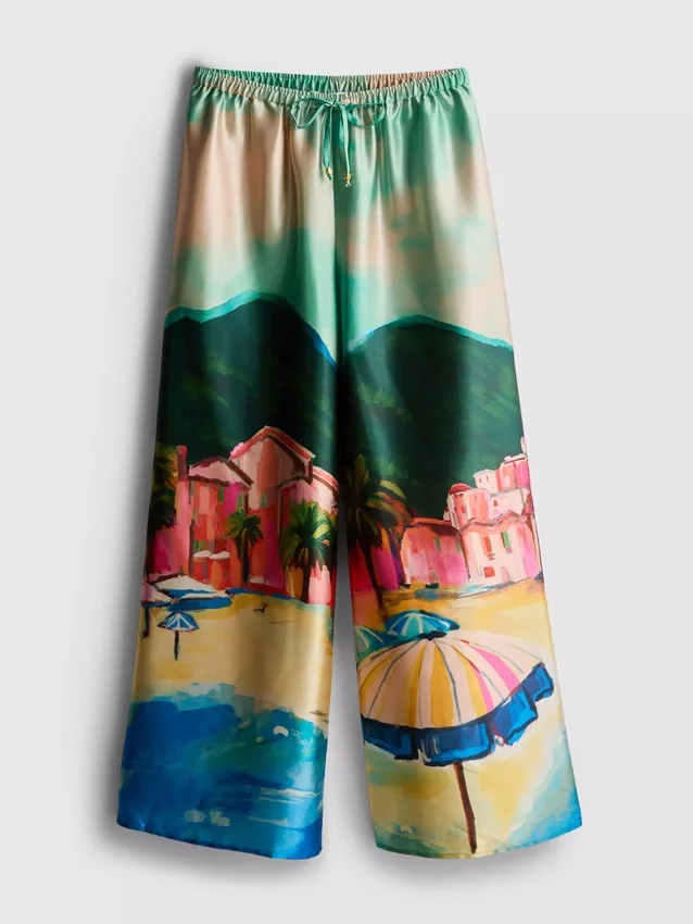 Pantalones de playa de satén con estampado panorámico