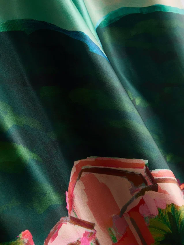 Pantalones de playa de satén con estampado panorámico