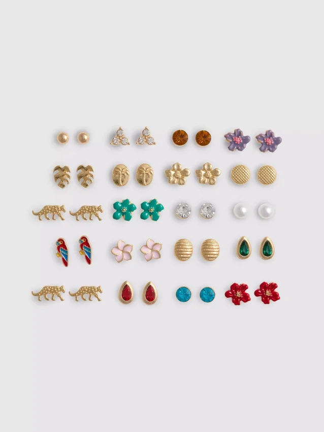 Paquete de 20 aretes tipo stud con motivos tropicales