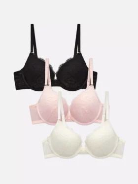 Paquete de 3 sujetadores push-up de encaje con relleno y escote profundo