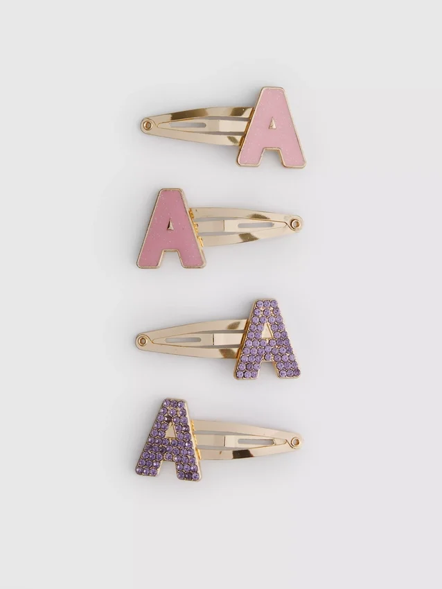 Paquete de 4 pinzas para el cabello con iniciales y broche a presión