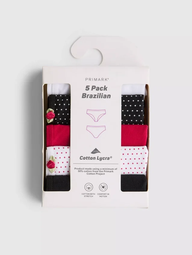 Paquete de 5 braguitas brasileñas estampadas con alto contenido de algodón