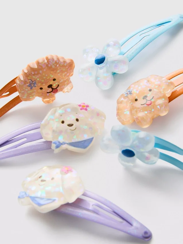 Paquete de 6 pinzas para el cabello con cierre a presión y dijes de perrito