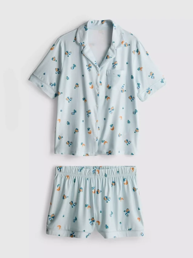 Pijamas cortos estilo boyfriend con estampado de desayuno