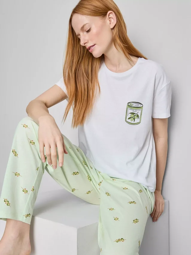 Pijamas estampados de algodón con cuello redondo