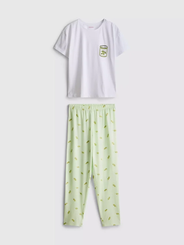 Pijamas estampados de algodón con cuello redondo