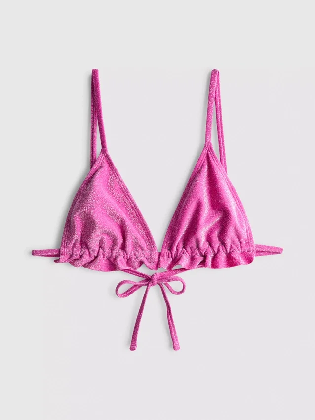 Top de bikini triangular con volantes brillantes