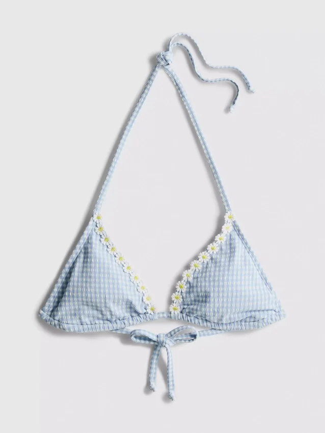 Top de bikini triangular de cuadros vichy con ribete de margaritas