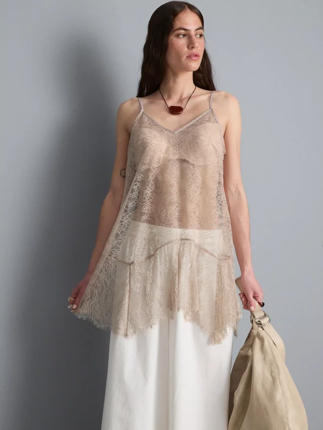 Top largo de encaje transparente tipo camisola