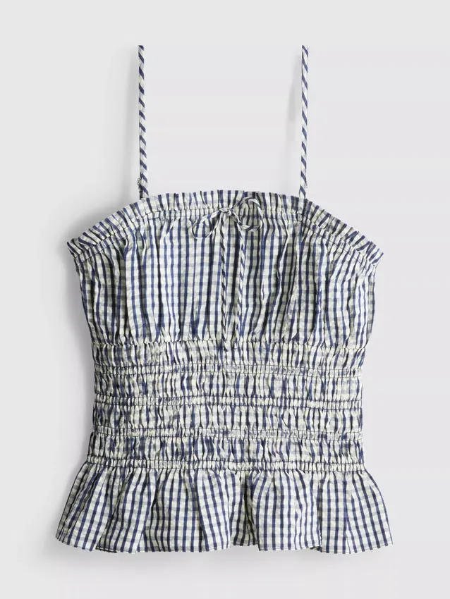 Top tipo camisola con peplum de cuadros vichy fruncido