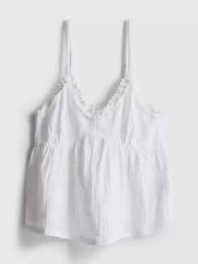 Top tipo camisola con volantes tejidos, ideal para relajarse