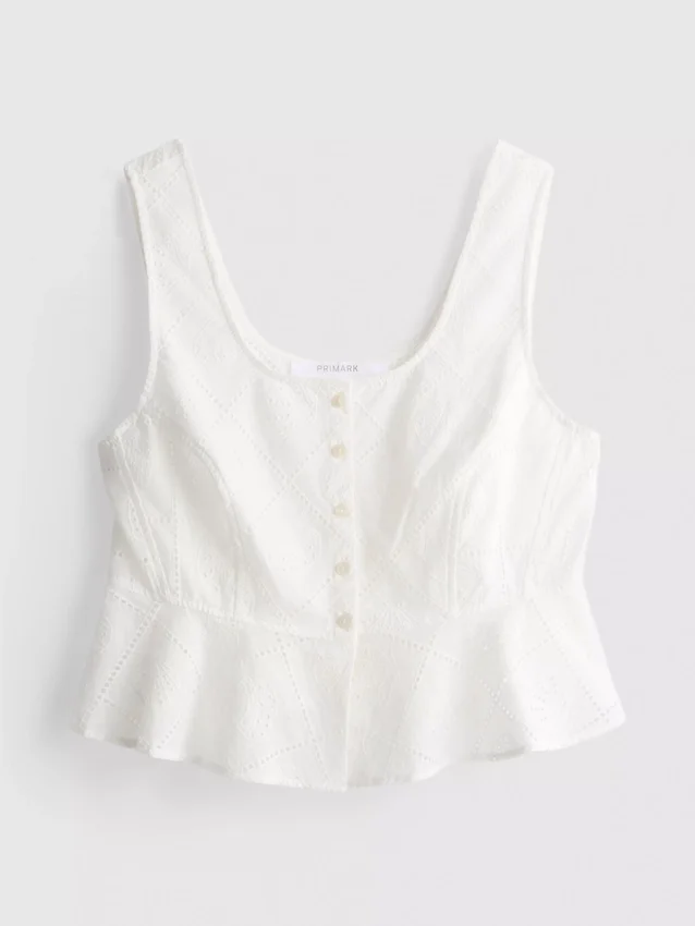 Top tipo camisola corto de algodón con calados