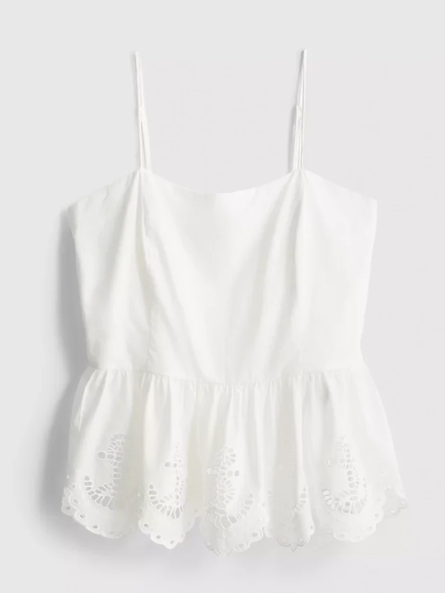 Top tipo camisola de algodón con bordado y dobladillo con volantes