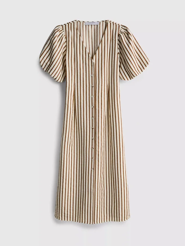 Vestido midi a rayas con mangas abullonadas
