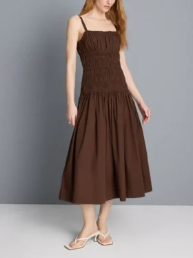 Vestido midi de algodón con cuello cuadrado y fruncido