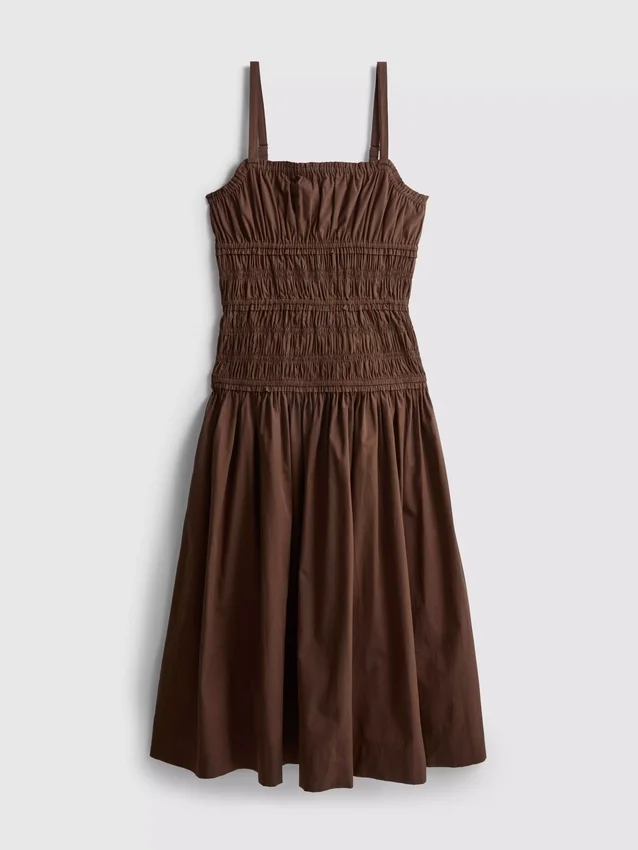 Vestido midi de algodón con cuello cuadrado y fruncido