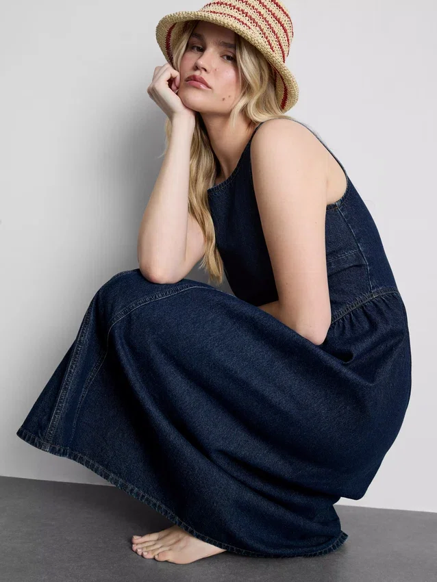 Vestido midi de mezclilla de algodón con cintura baja