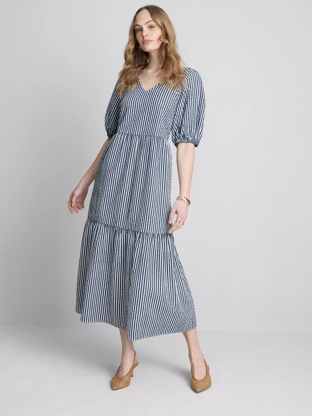 Vestido midi holgado de algodón seersucker