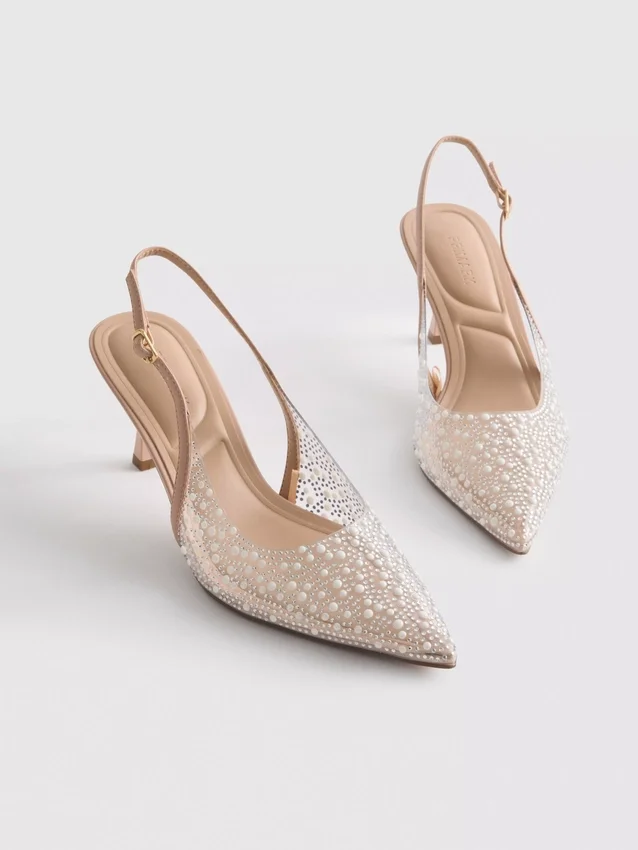 Zapatos de tacón con talón abierto y perlas sintéticas «Diamanta»