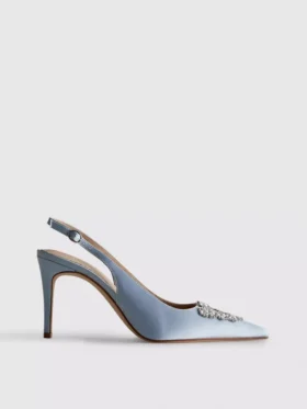 Zapatos de tacón de satén con punta y diamantes